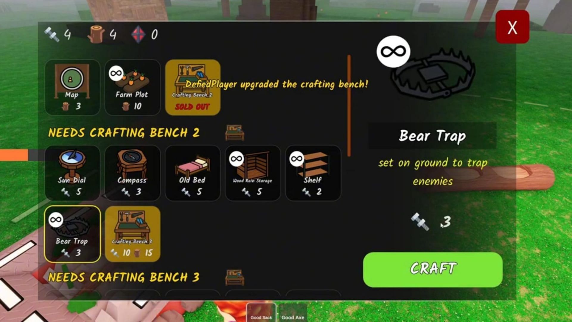 Bear Traps can be crafted from Crafting Bench 2 (Image via Roblox)